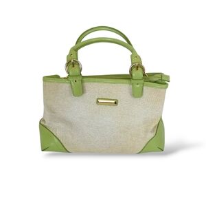 Woven Jute Tote Bag With Lime Green Leather Accents Handbag Double Handle Retro